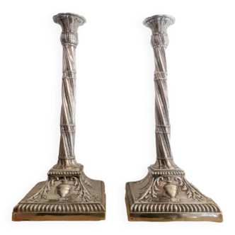 Pair of twisted column candlesticks in silver metal