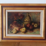 Tableau ancien nature morte dame jeanne et pommes