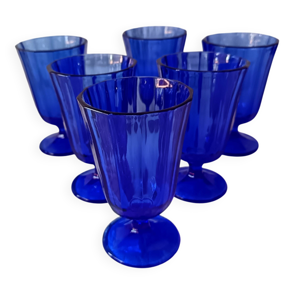 6 VERRES à pied vintage en verre coloré bleu cobalt vintage Portugal