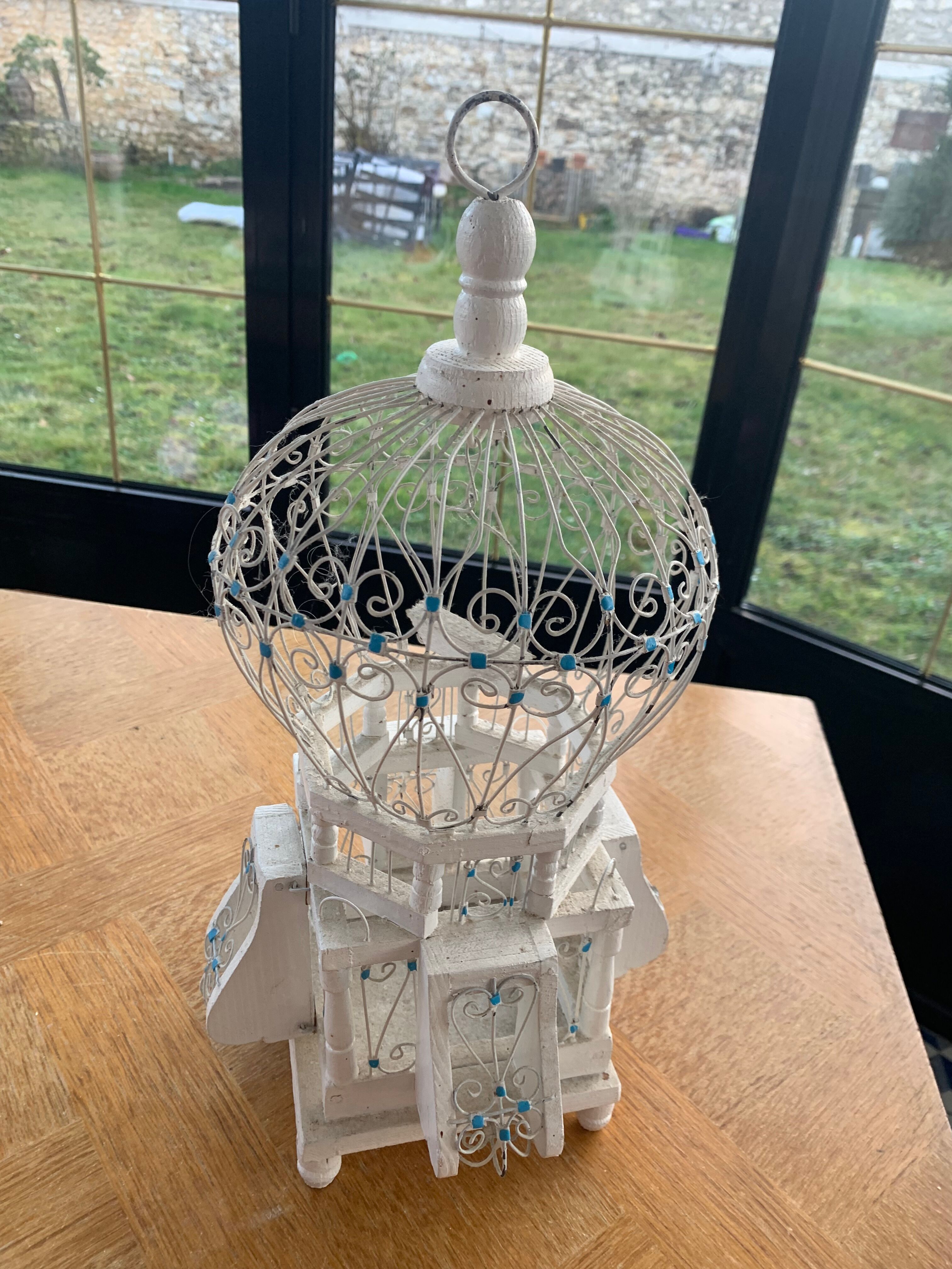 Oriental bird cage, metal and wood white and vintage blue