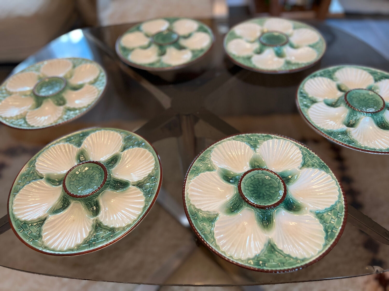 6 vintage slip oyster plates