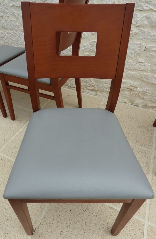 Set of 6 cherry wood style chairs with gray imitation leather seat
