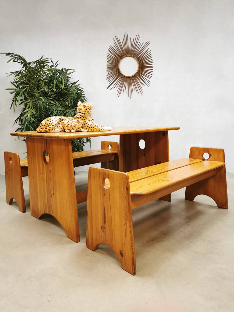 Midcentury Swedish pine wood benches dining set