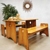 Midcentury Swedish pine wood benches dining set