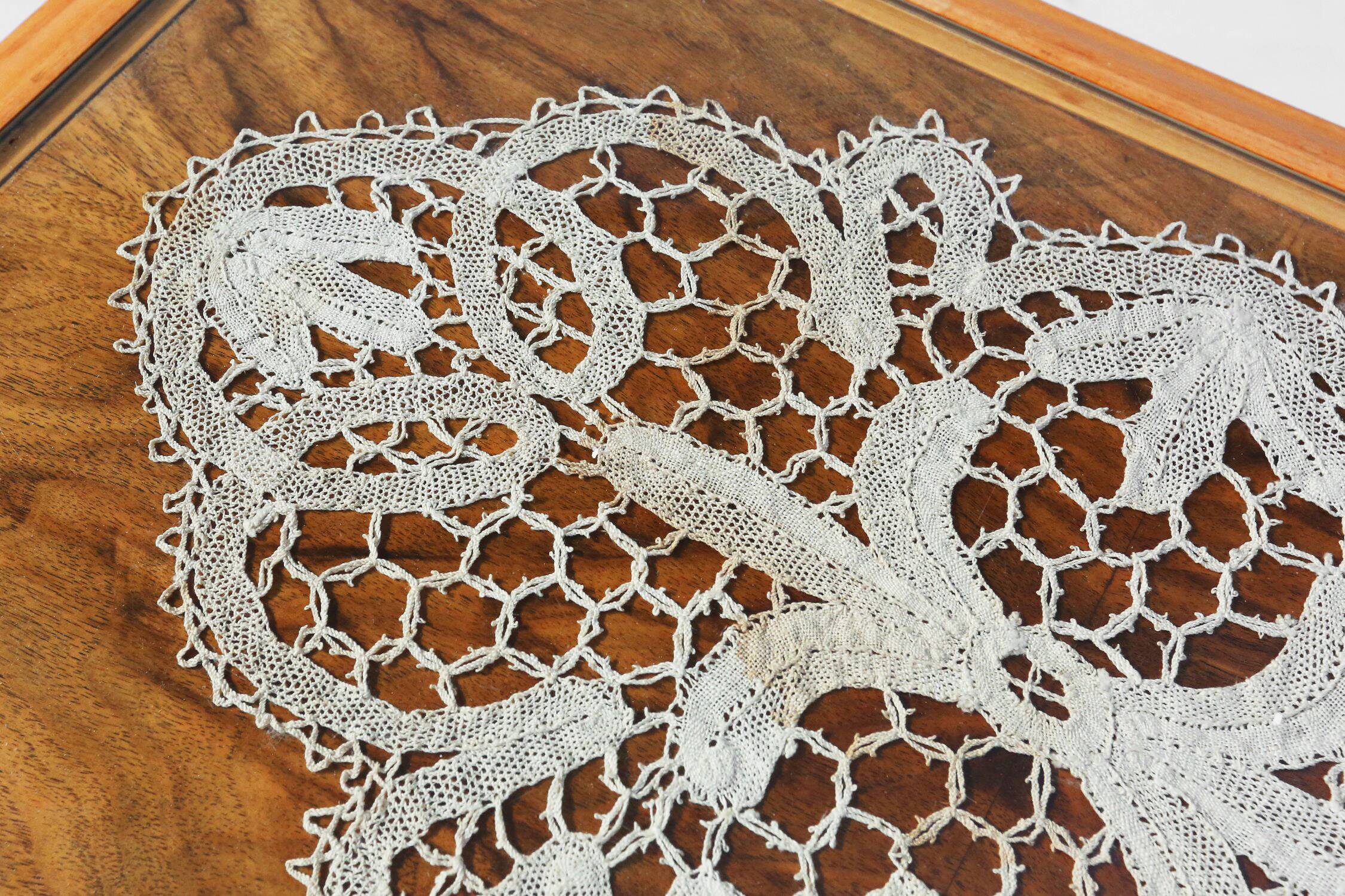 Side Table in Beech with Lace Inlay and Glass Top, France 1950s