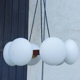 Scandinavian teak and white opaline chandelier with 6 lights from the 70s