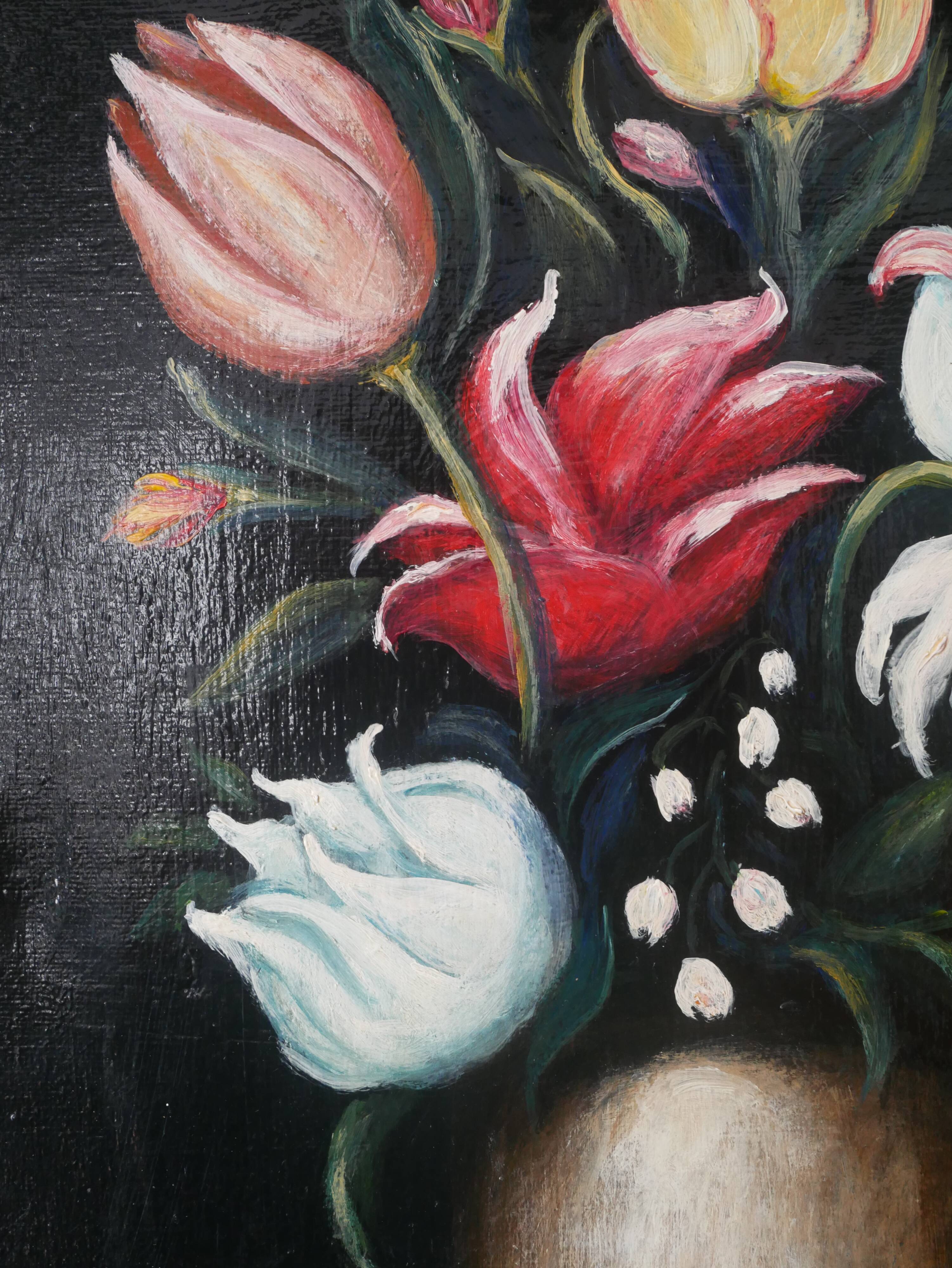 Painting on canvas still life decoration countryside bouquet flowers vintage frame black background