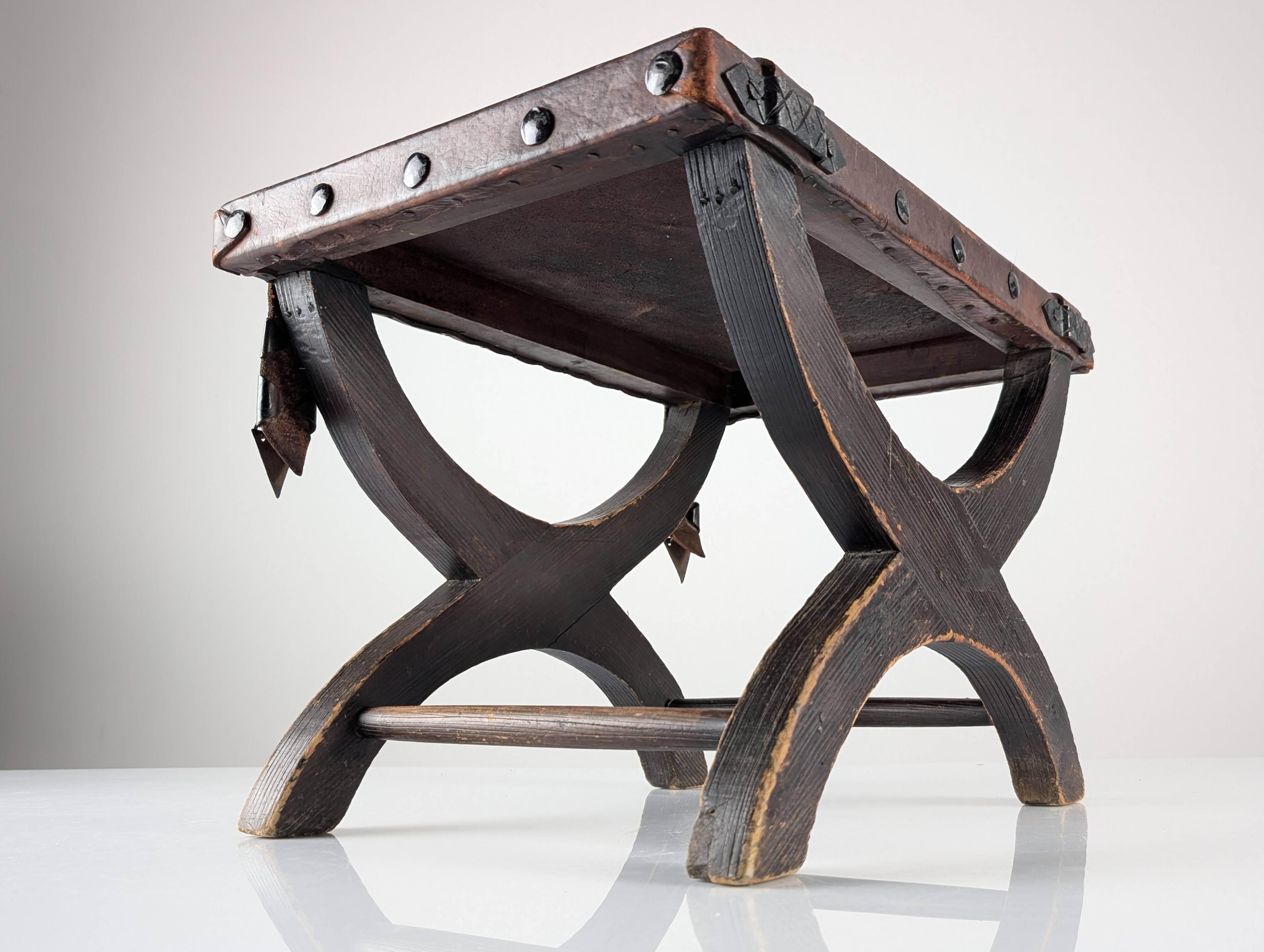 Colonial Curule Stool in Leather and Wrought Iron, Mexico, 1940s