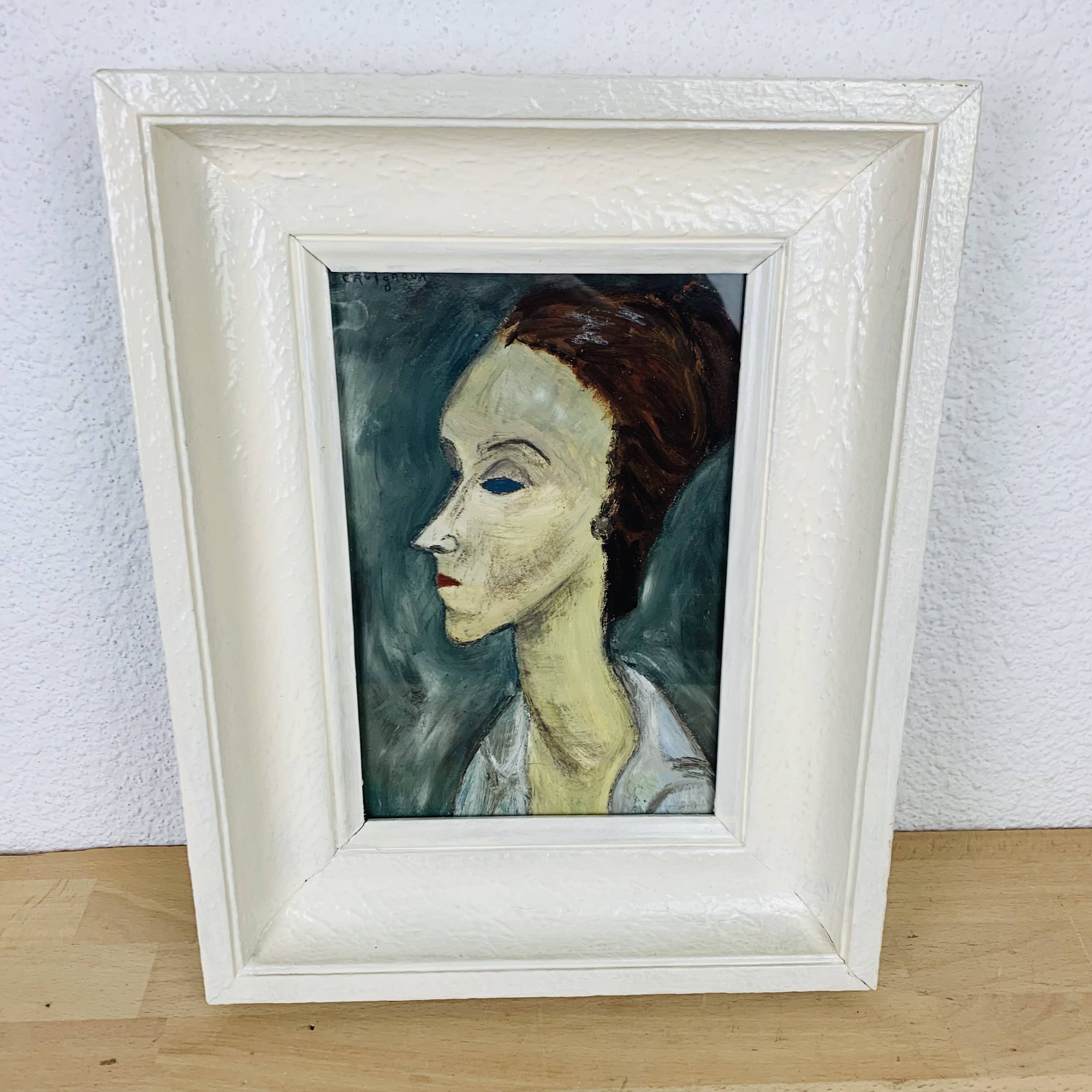 Painting portrait of a woman in figurative style signed Cavignaux