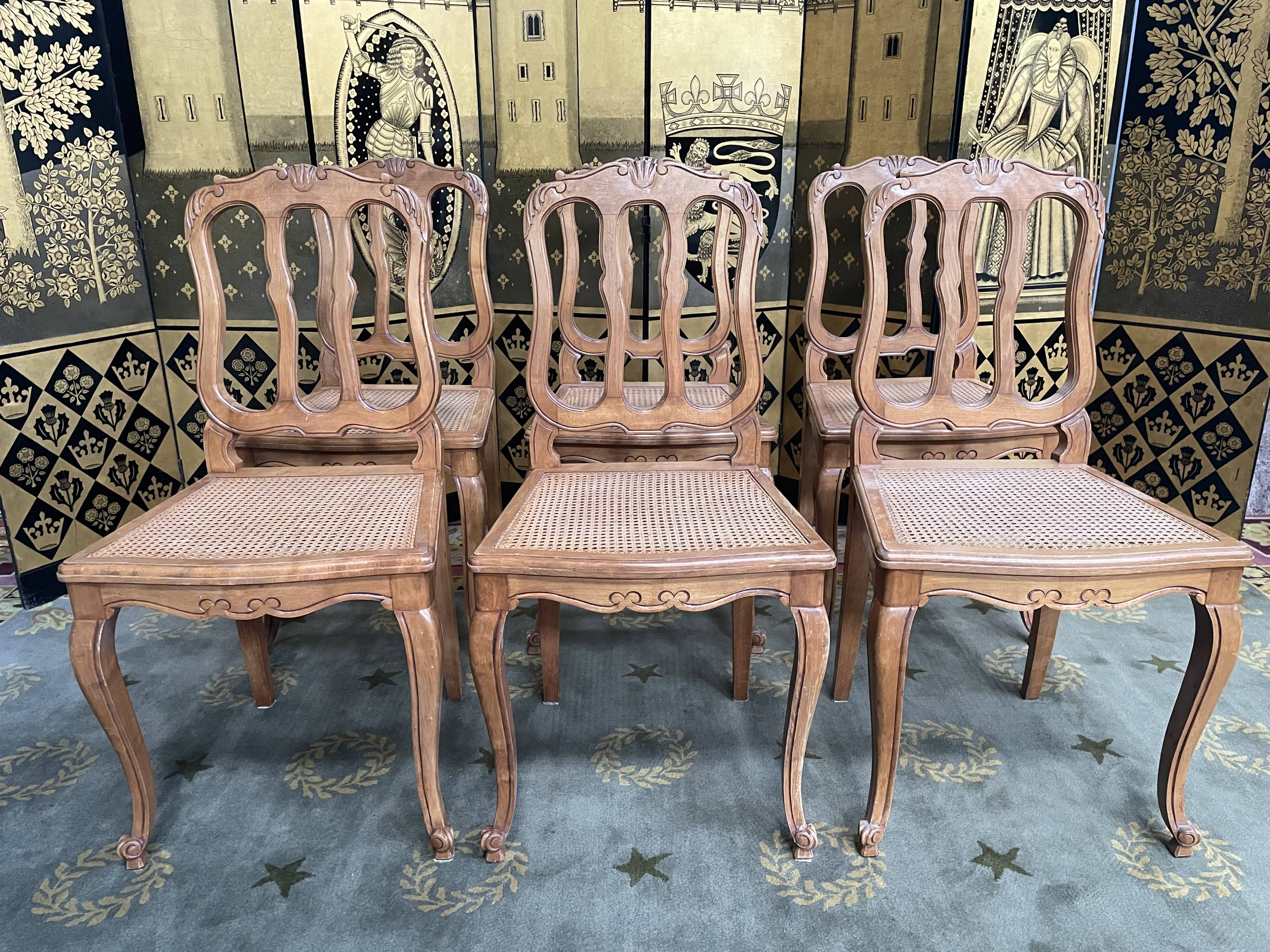 Suite of 6 Louis XV style chairs in cannage
