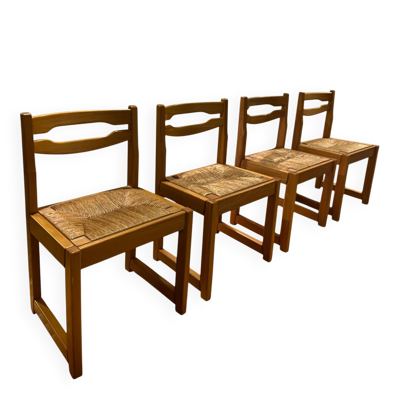 Lot de 4 Chaises Traîneau Vintage en Orme et Paille – Maison Regain –