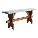 Rustic Art Deco Wooden Bench with Blue Top, France, 1930s