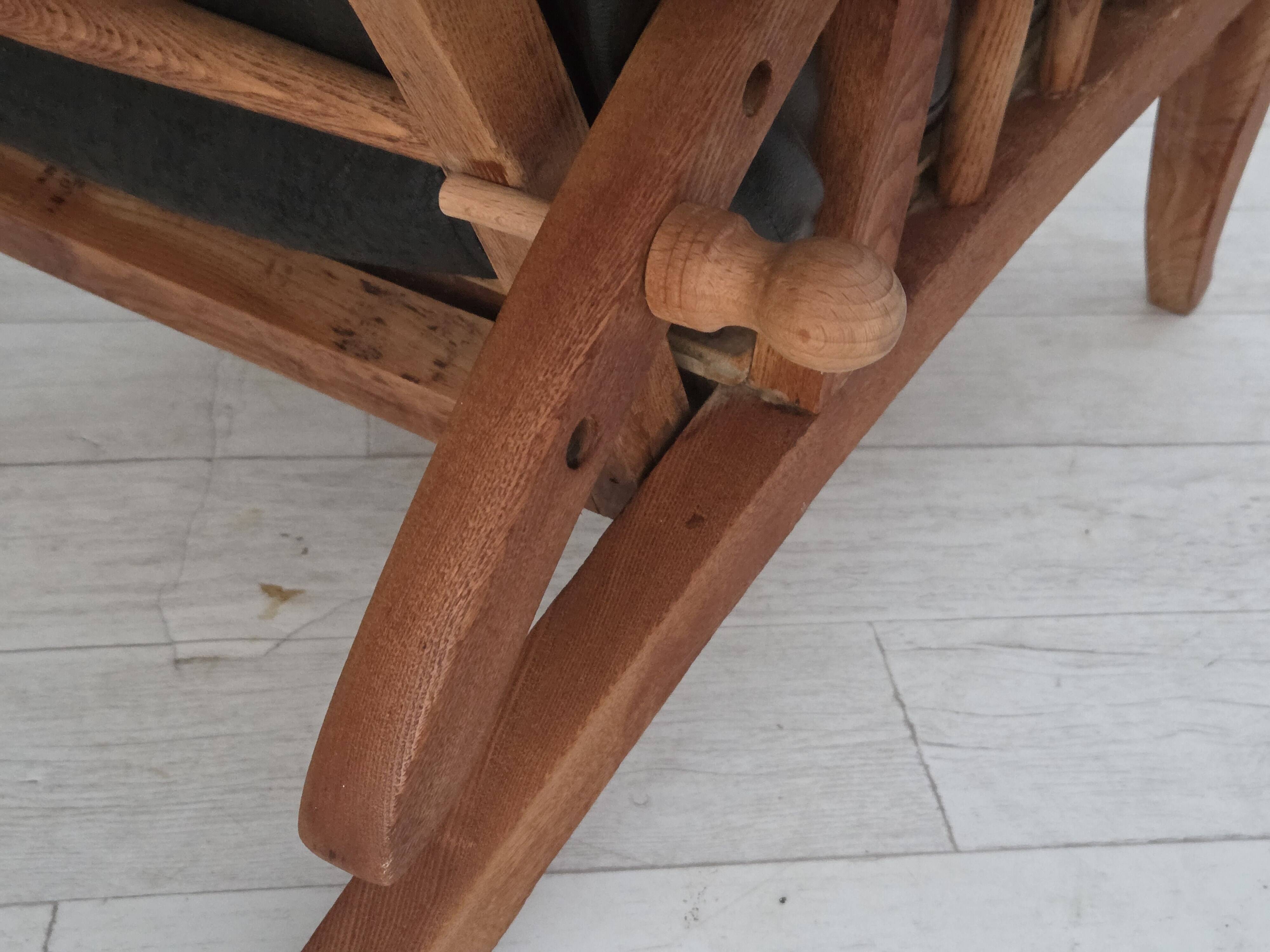1950s, vintage adjustable armchair, black leather, ash wood.