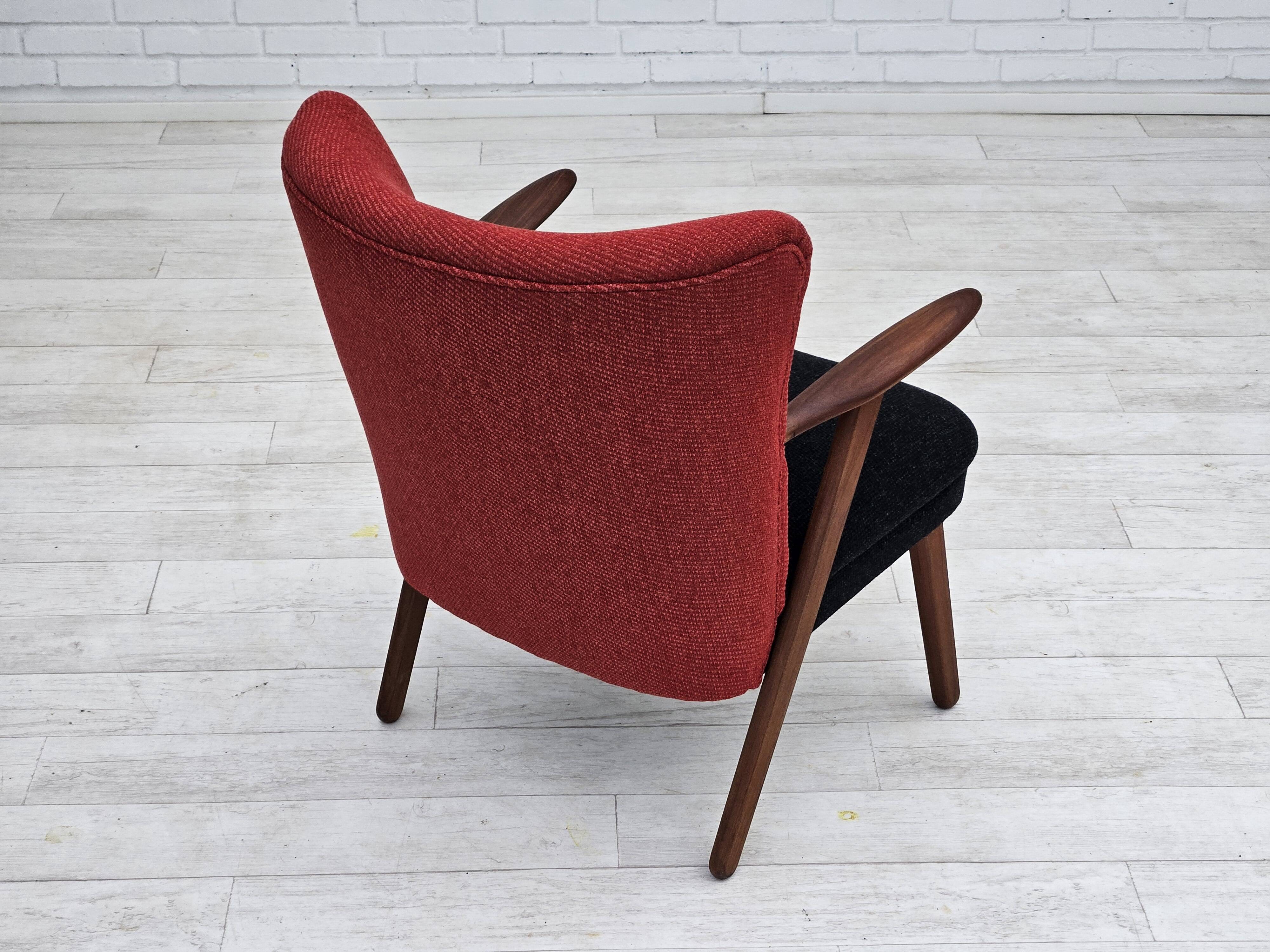 1960s, Danish design by Erhardsen & Andersen, reupholstered armchair, furniture wool, teak wood.