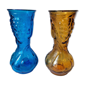 Duo of blue and amber Italian vases