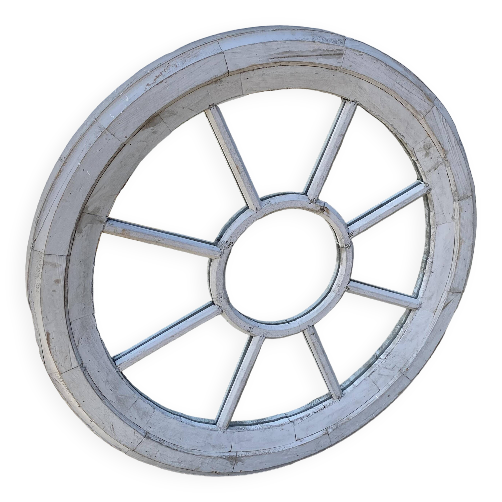Large vintage gray cart wheel wooden wall mirror