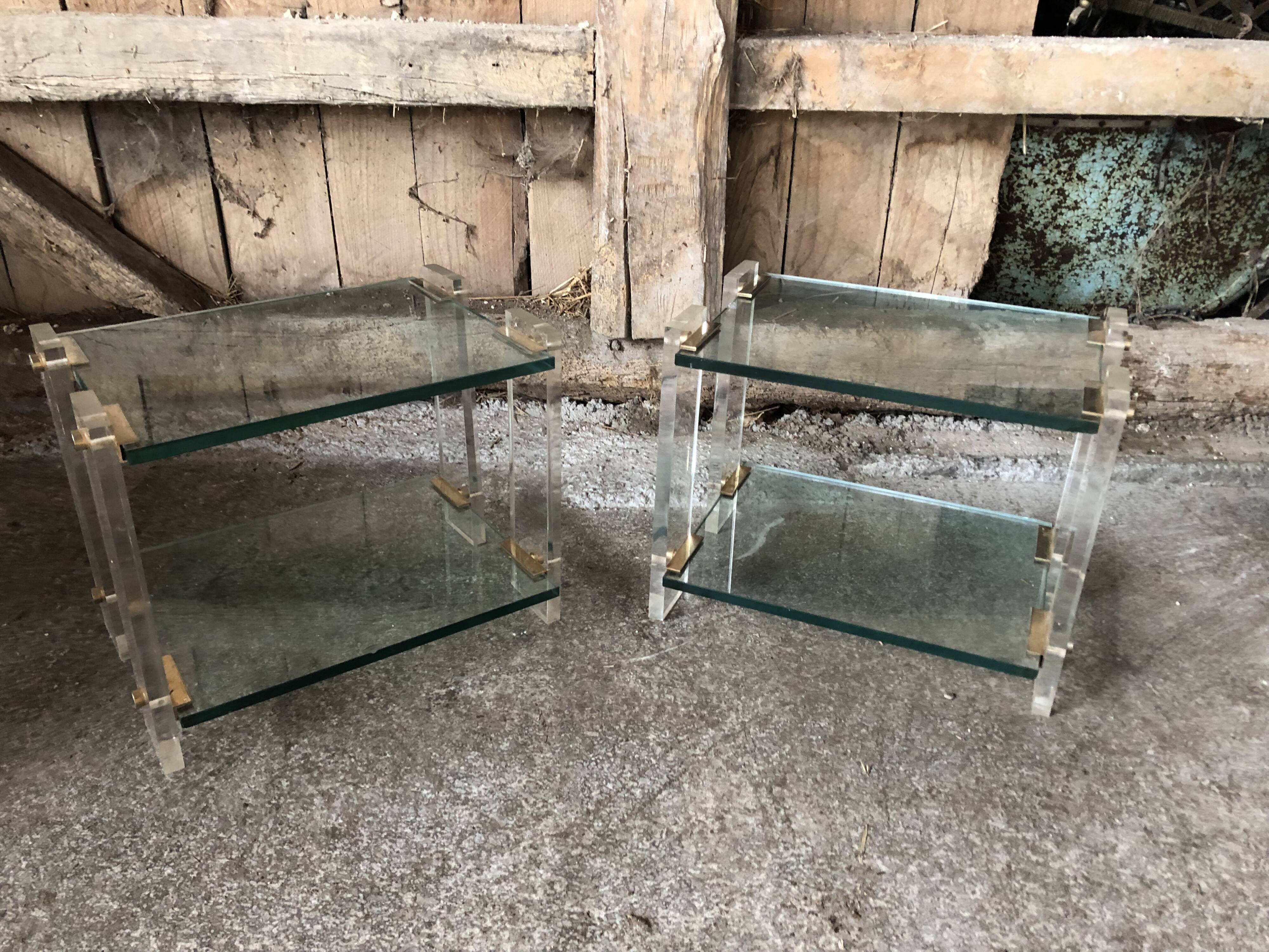 Pair bedside design plexi + brass + vintage glass trays