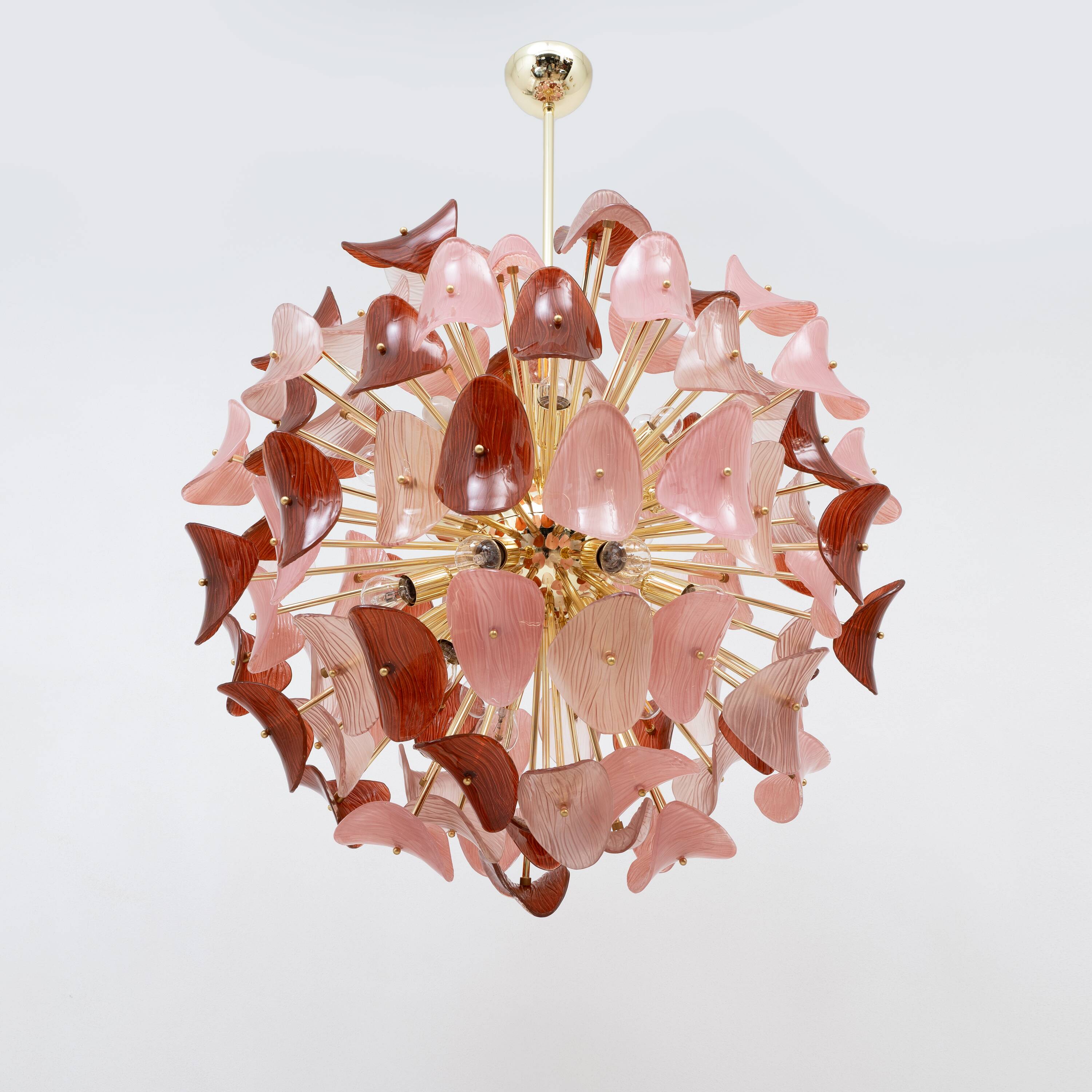 Italian Sputnik Chandelier in Pink and Ruby Murano Glass and Brass