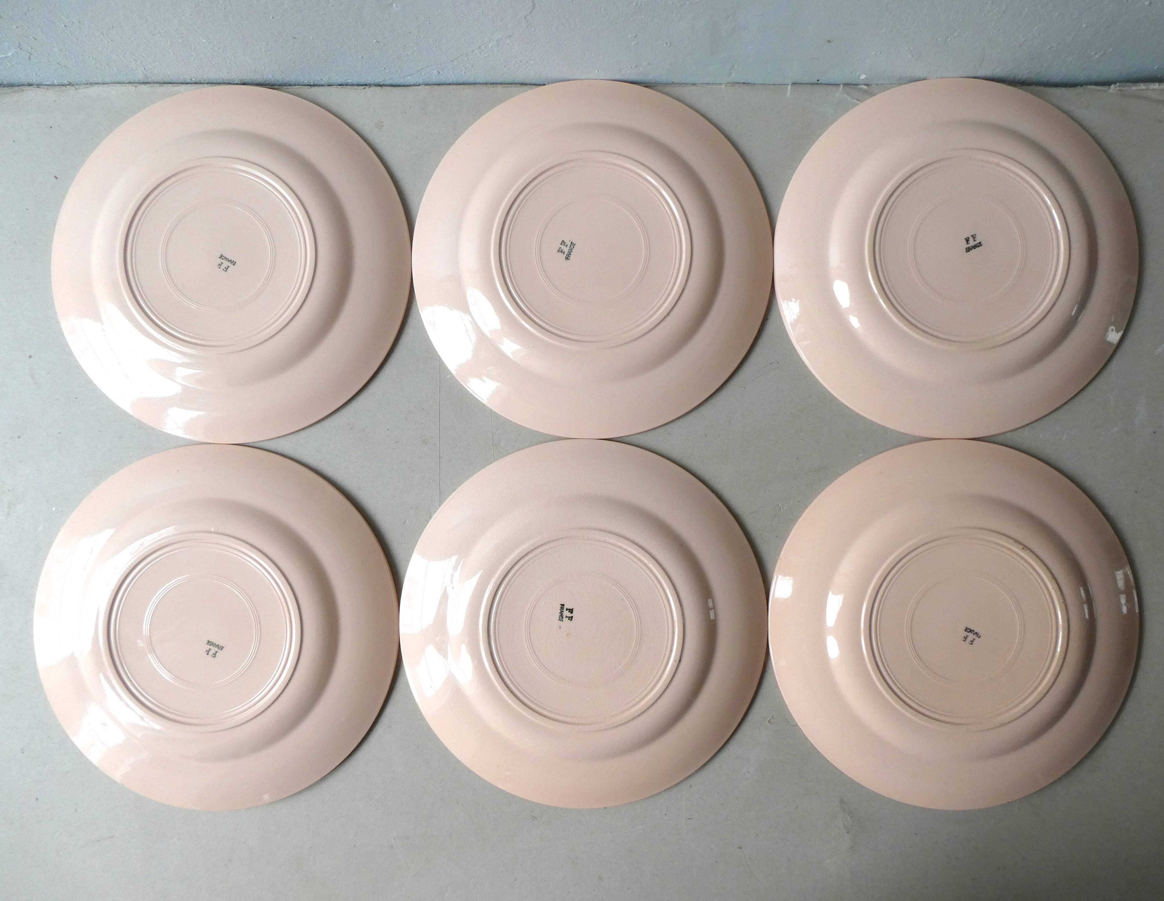 set of 6 plates ceramic pink powder FF France
