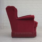 1960s, Danish armchair, red furniture velour, beech wood legs.
