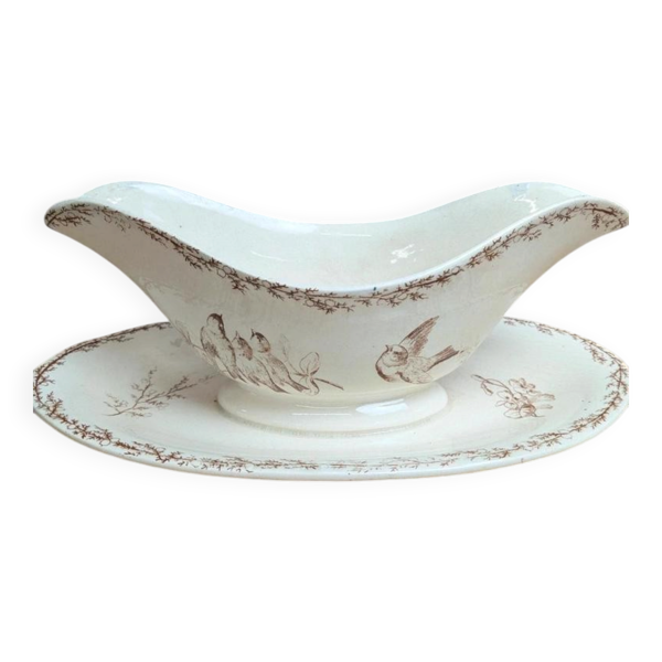 Saucière en terre de fer Creil et Montereau Silva décor oiseaux