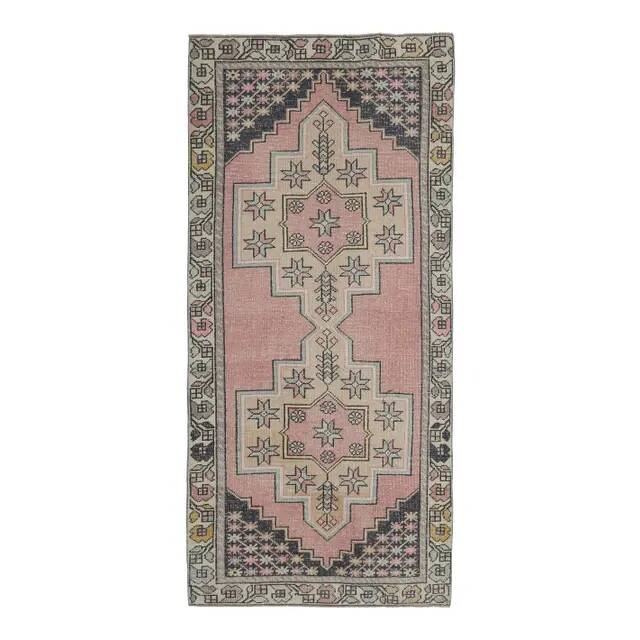 Vintage Turkish Oushak handmade wool cotton pink runner rug 117x254