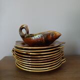 Fish-shaped plates and zoomorphic gravy boat, Sarreguemines earthenware