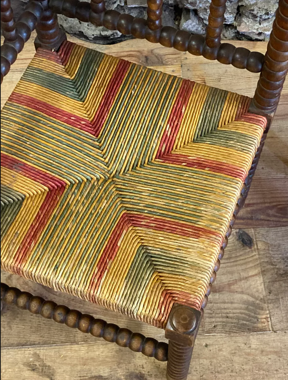 Pair of corner armchairs paillés in turned wood antique multicolored seat