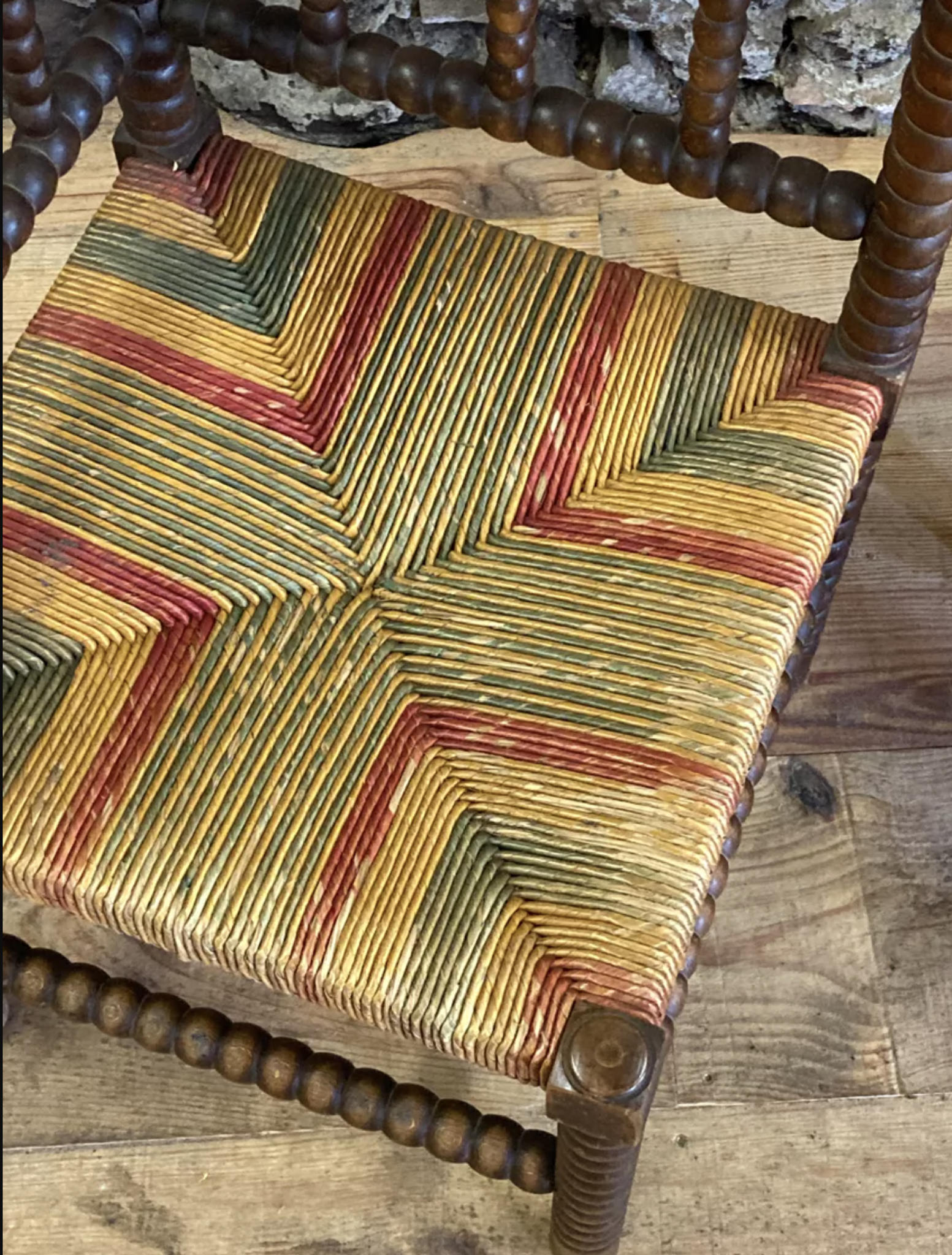 Pair of corner armchairs paillés in turned wood antique multicolored seat