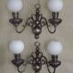 Pair of vintage French silvered Flemish wall sconces, double, with white glass shades 5006.