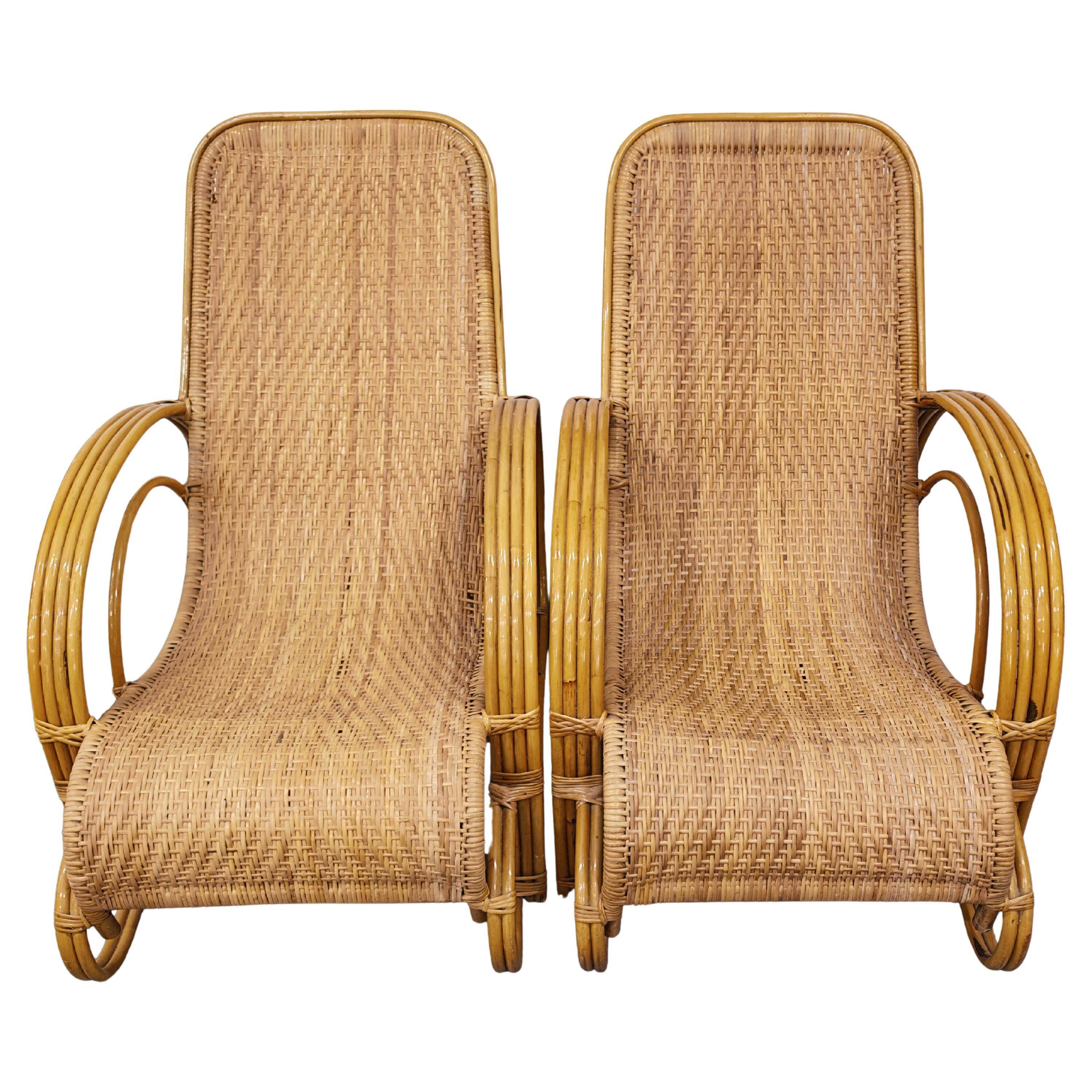 Paire de chaises longues XXL Mid Century Modern en bambou et rotin
