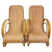 XXL Mid Century Modern pair of bamboo and rattan sun loungers