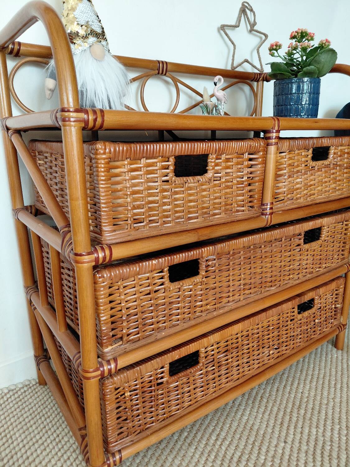 Commode vintage en rotin 4 tiroirs-esprit bohème-bord de mer