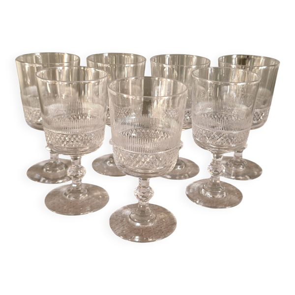 7 Verres à Vin blanc Baccarat - Pointes de Diamant, Vers 1880