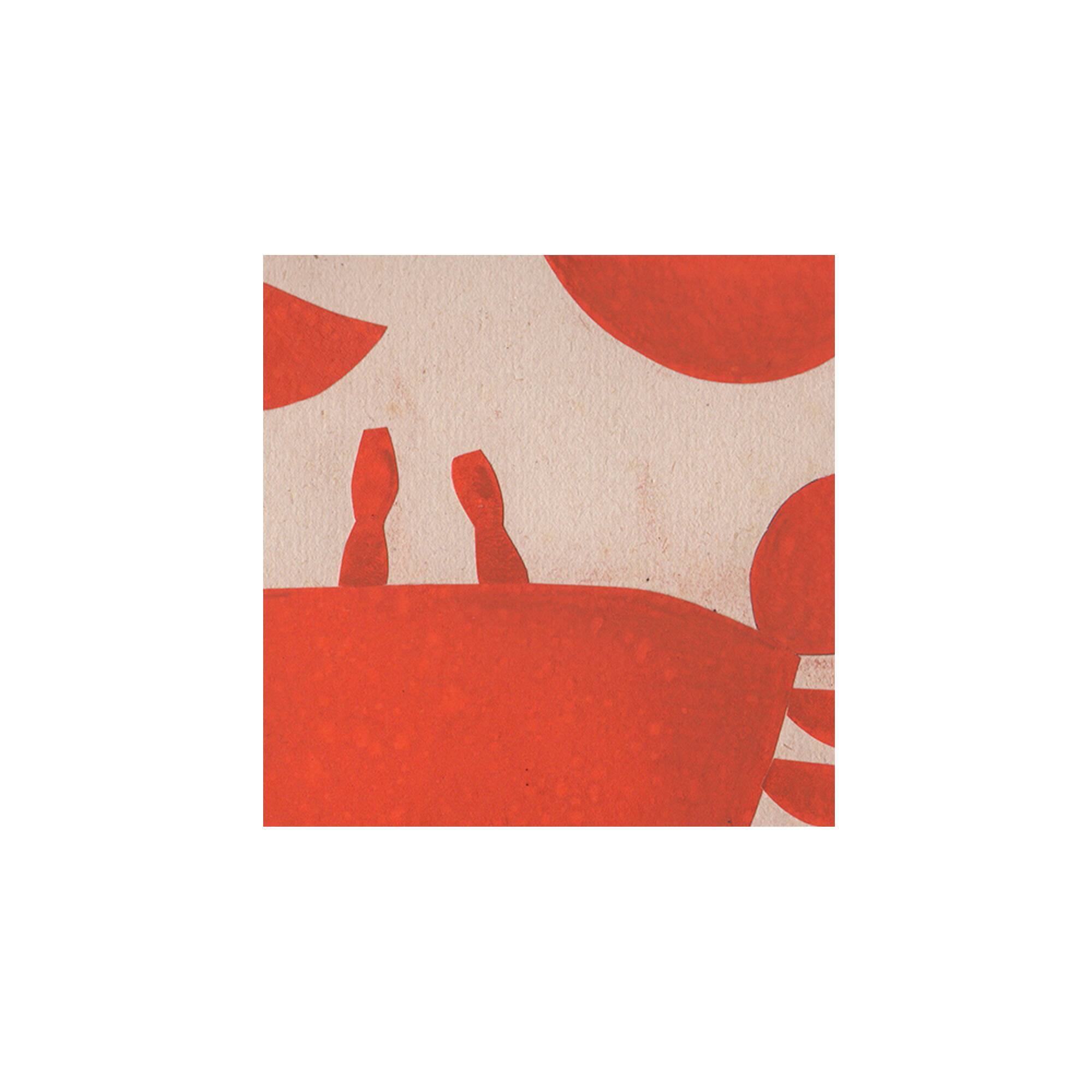 Collage on old paper, illustration of a red crab signed Eawy
