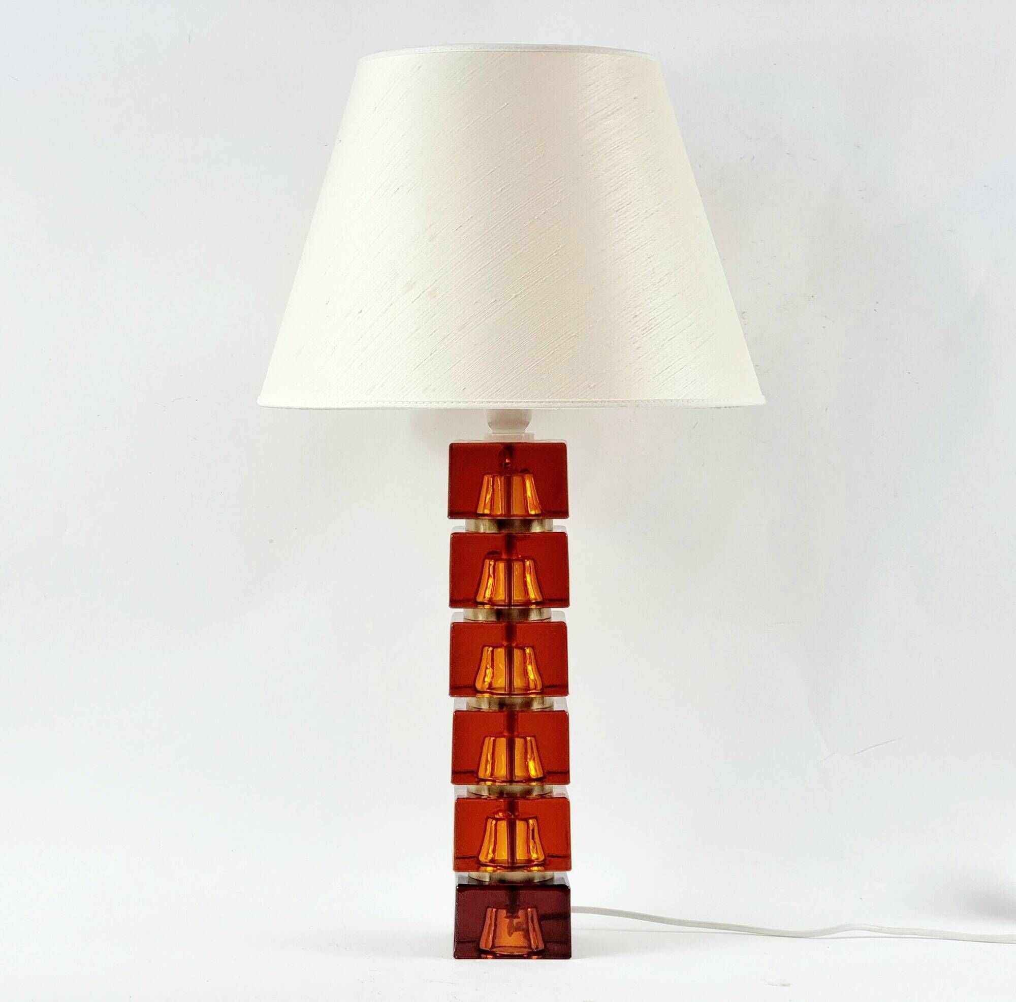 Large Mid-Century Scandinavian Art Glass & Brass Table Lamp by C.Fagerlund