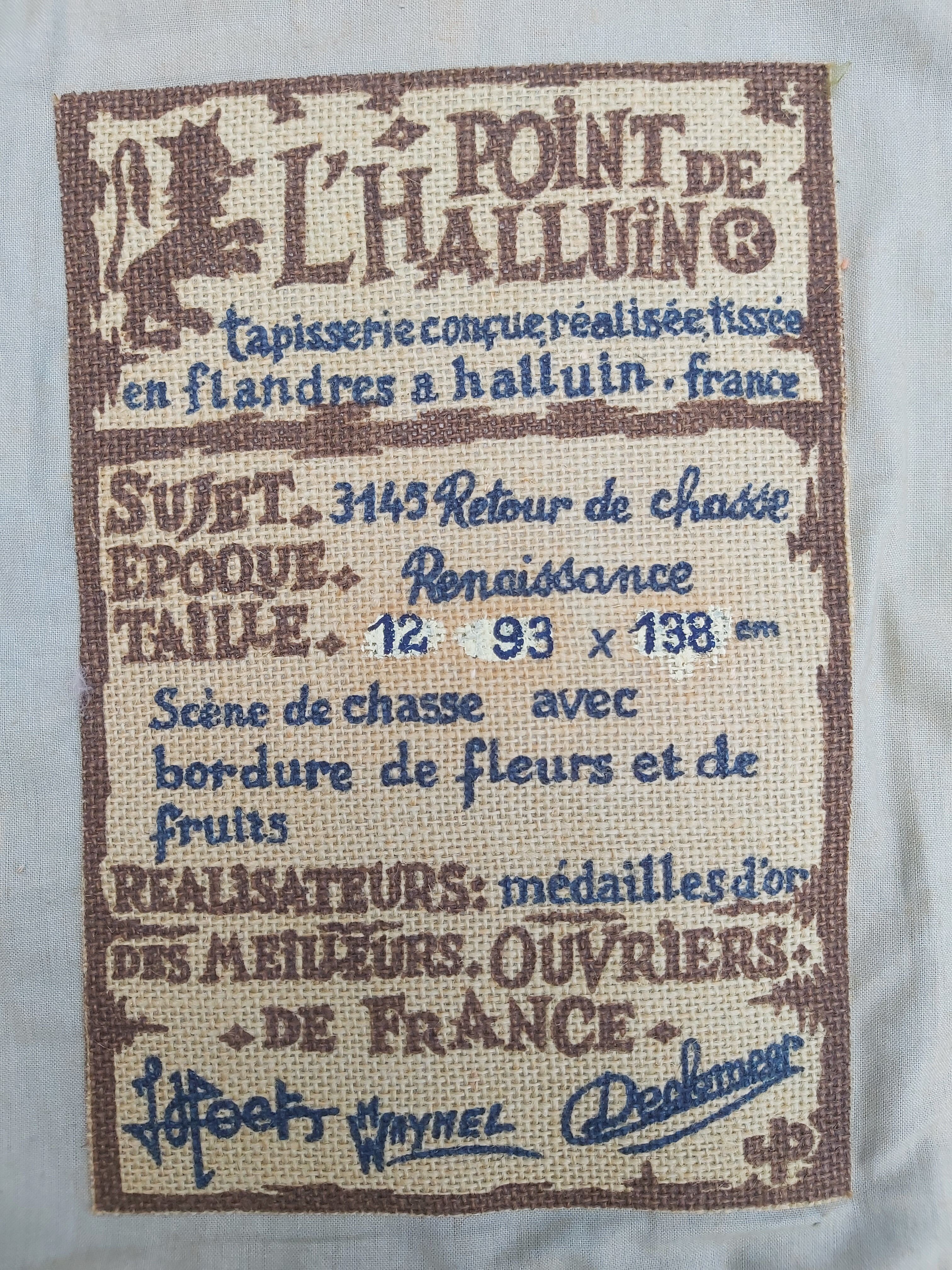 Vintage tapestry in Aubusson style. Hunting return.
