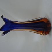 Vintage cobalt blue and amber blown glass vase in Murano style.