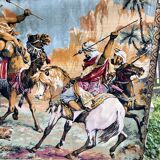Orientalism tapestry with hunting scene of Arab warriors and lions