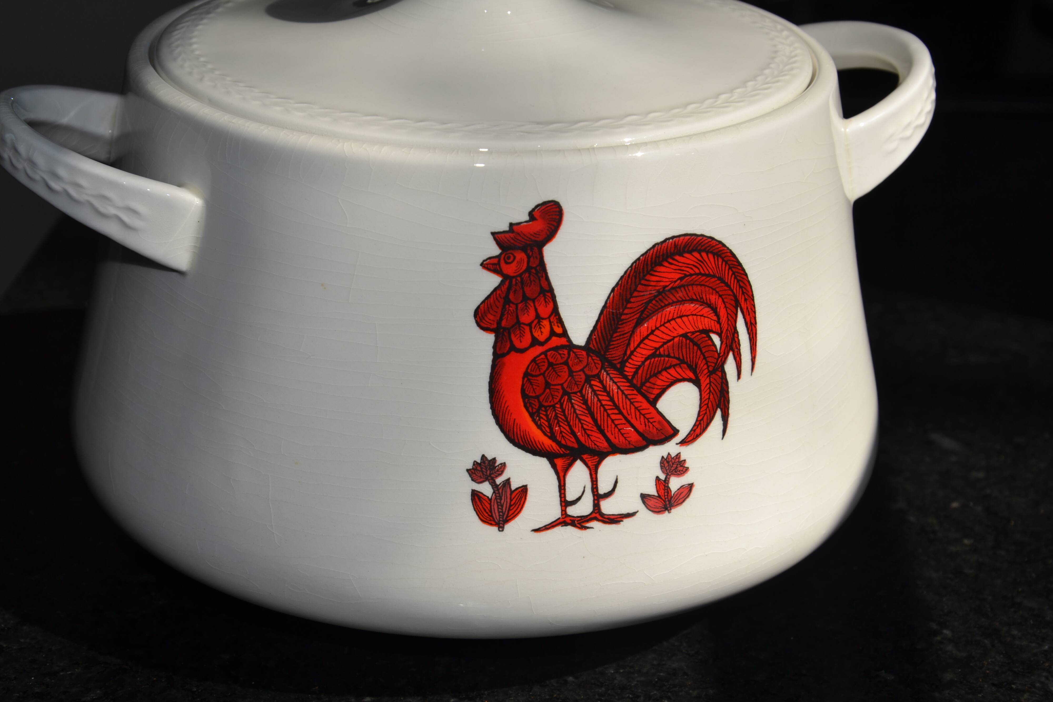 Earthenware soup tureen with rooster design