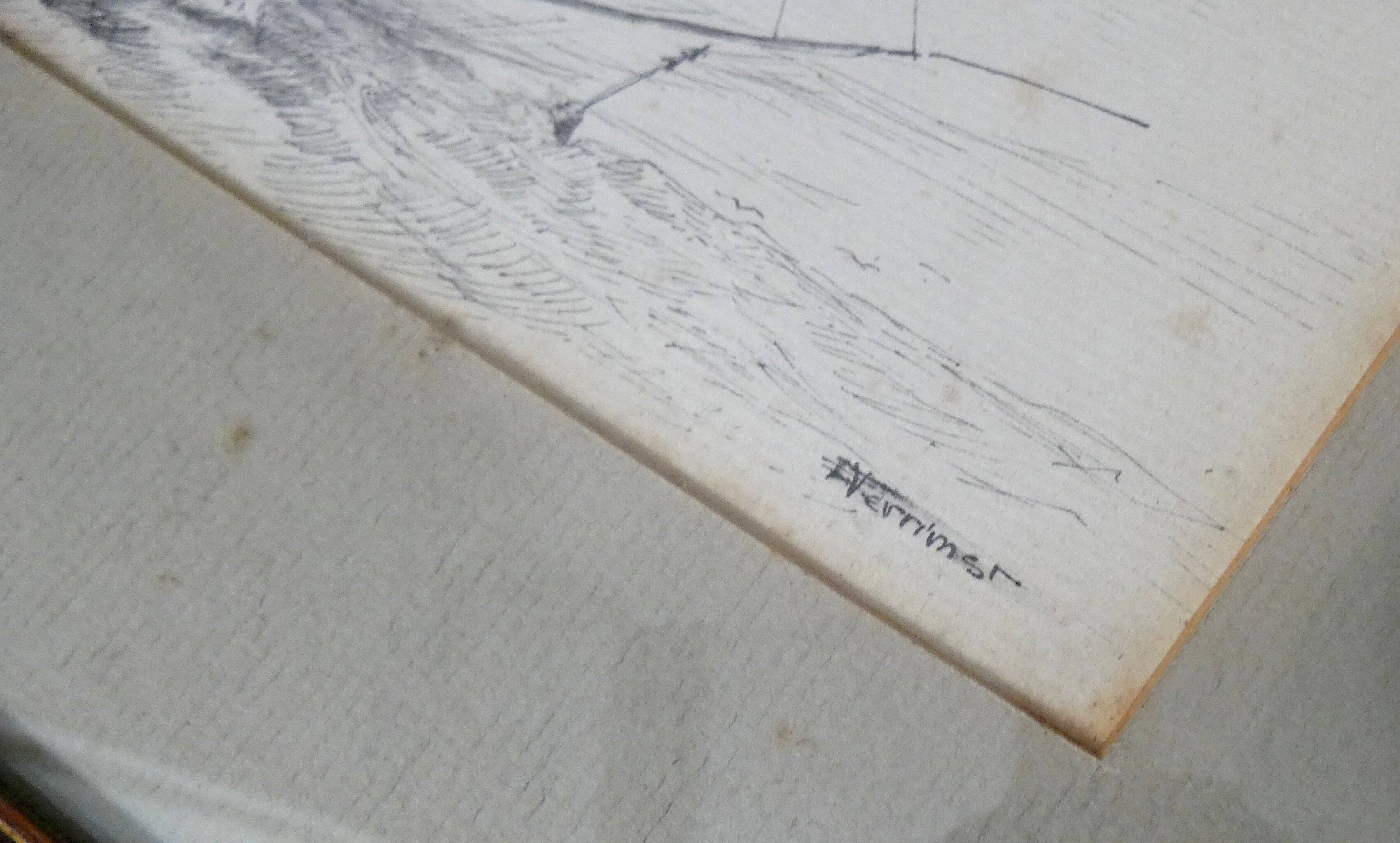 Antique ink drawing on paper, sailboat at sea, signed and framed.