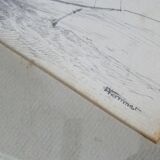 Antique ink drawing on paper, sailboat at sea, signed and framed.