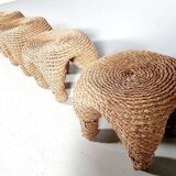 Wicker and pine needle table and stools, France, 1980s