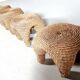 Wicker and pine needle table and stools, France, 1980s