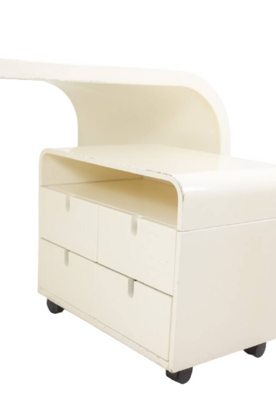 Desk and its cardboard box in white lacquered plywood. 1970s.