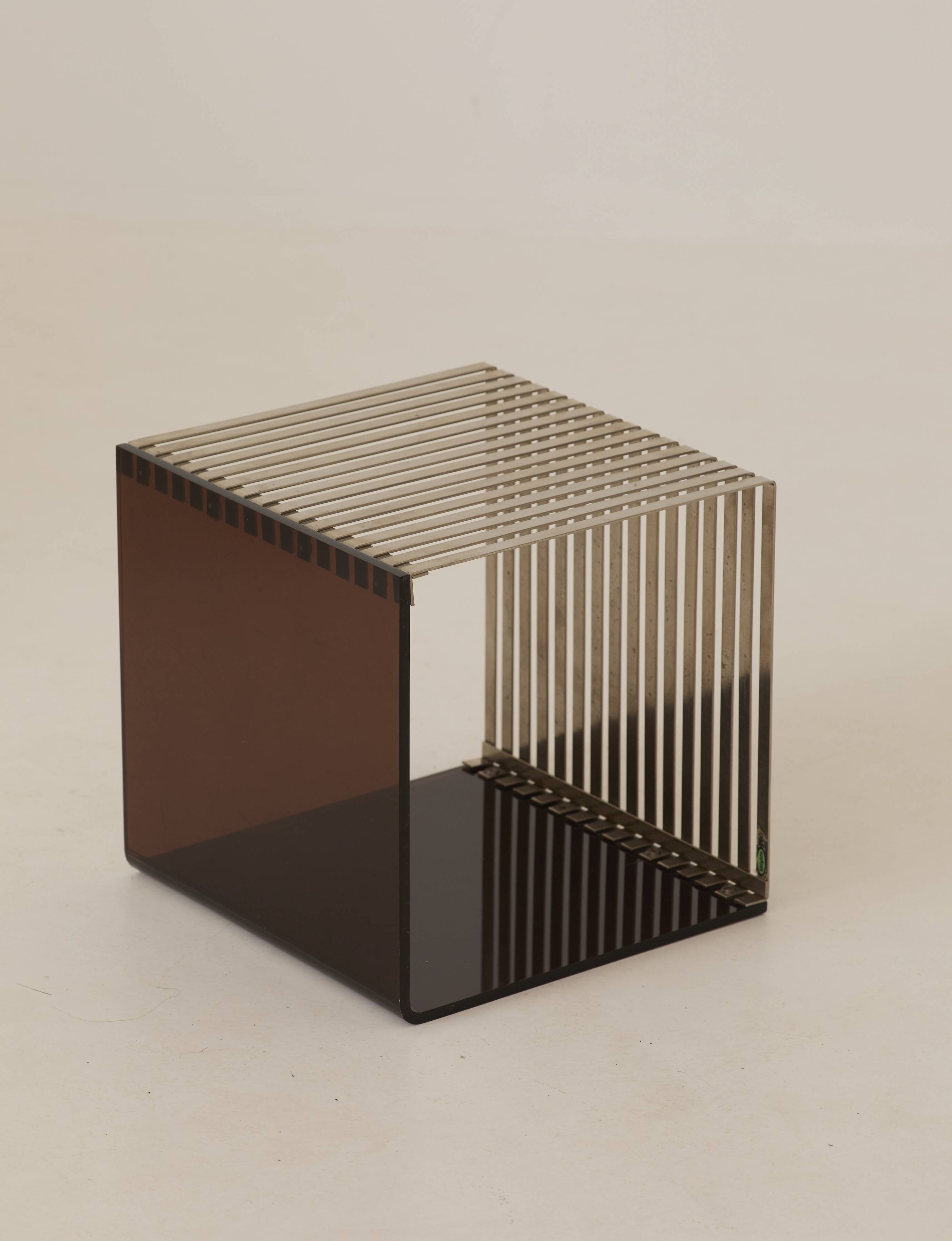 Side table, bedside table in plexiglass and chrome metal, around 1970.