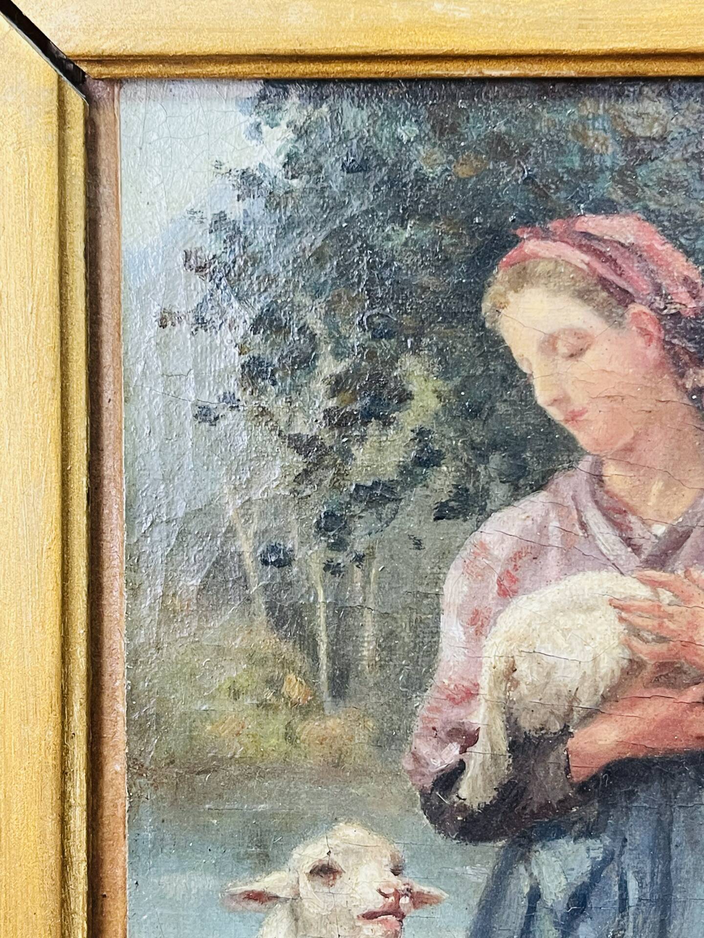 Oil painting on panel of a shepherdess with lambs after J.B. Hofner X