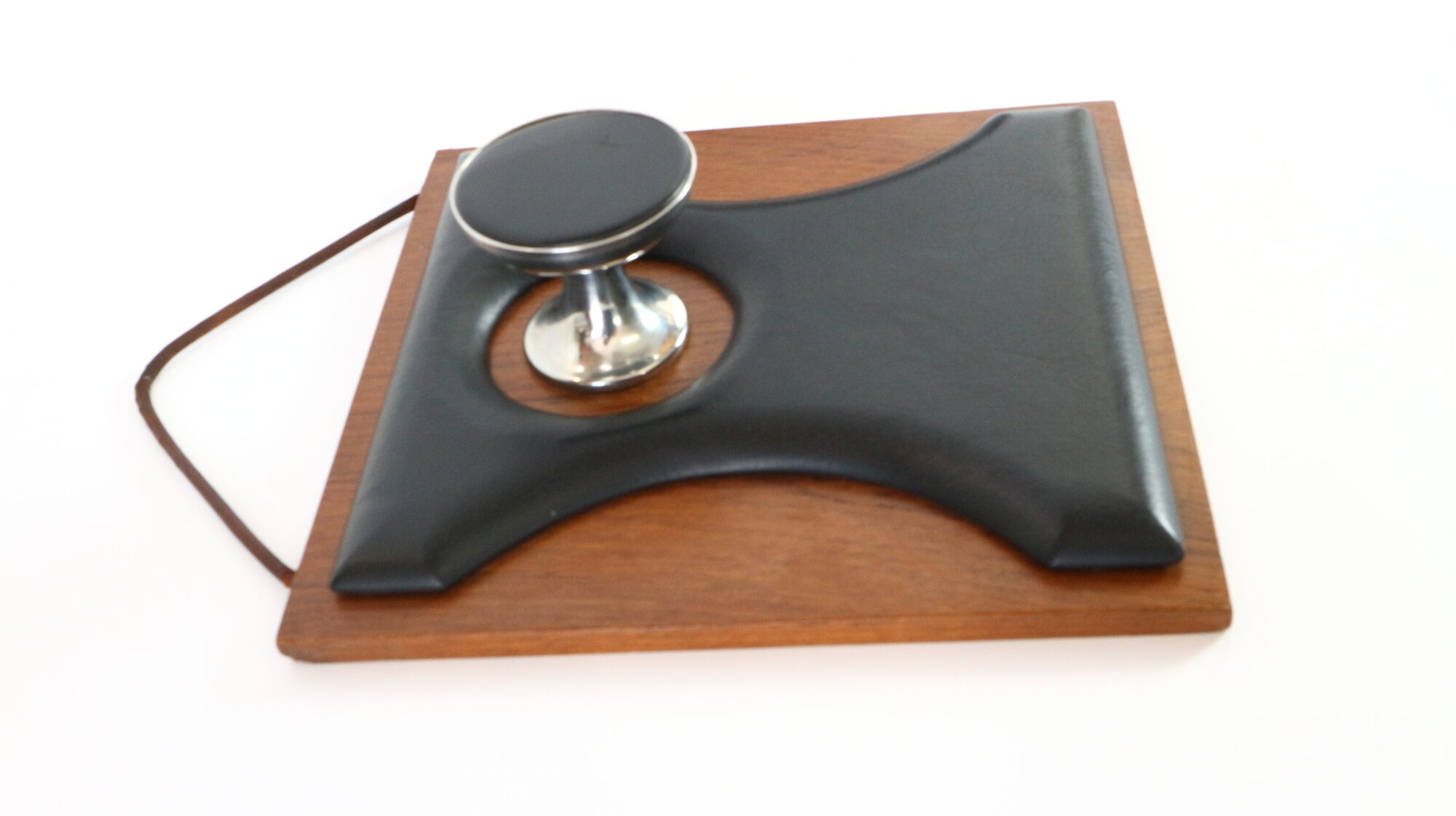 Two coat hangers, wood, leather and black leather, 70s