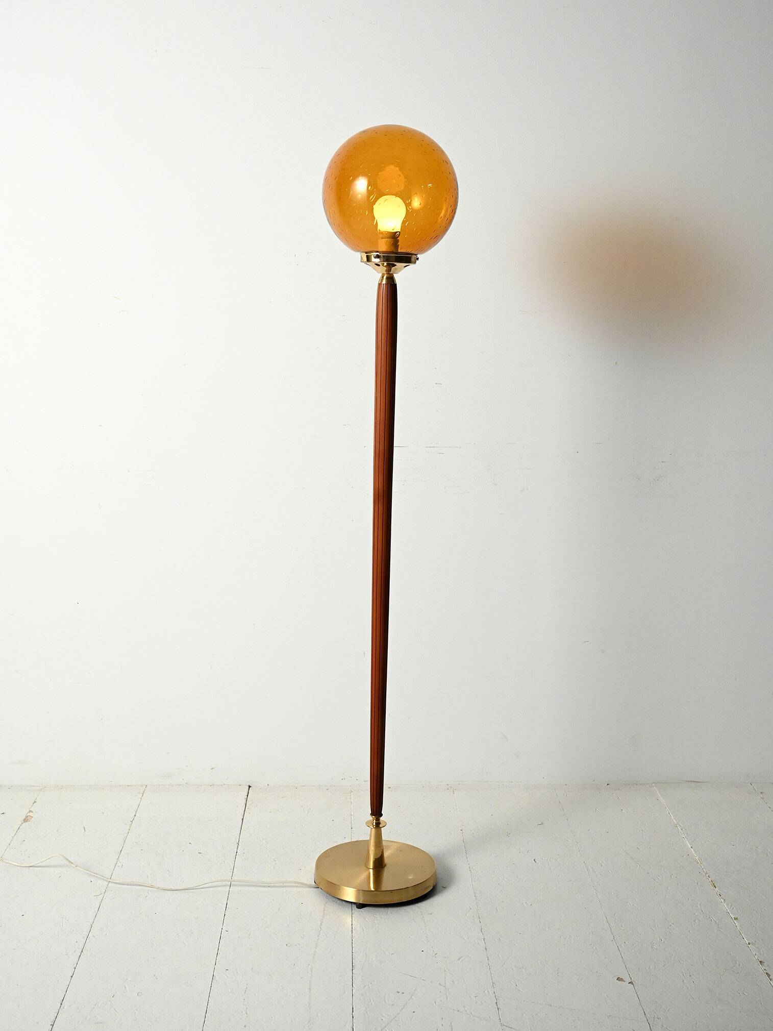 Teak and Amber colored Glass Floor Lamp