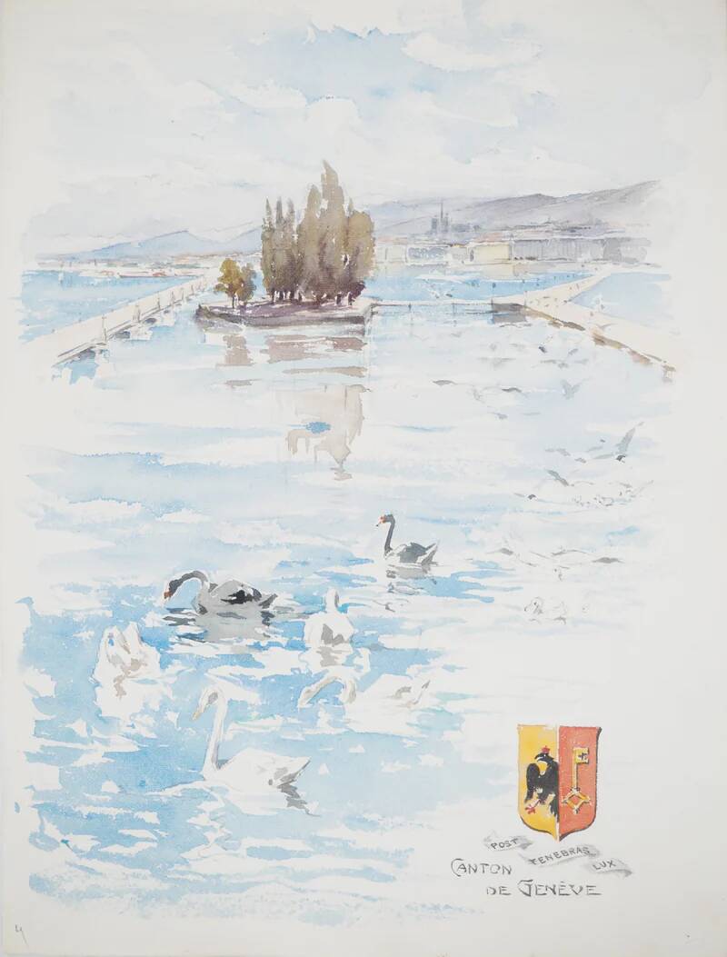 René LEVERD: Switzerland, Swans of Geneva, Original watercolor
